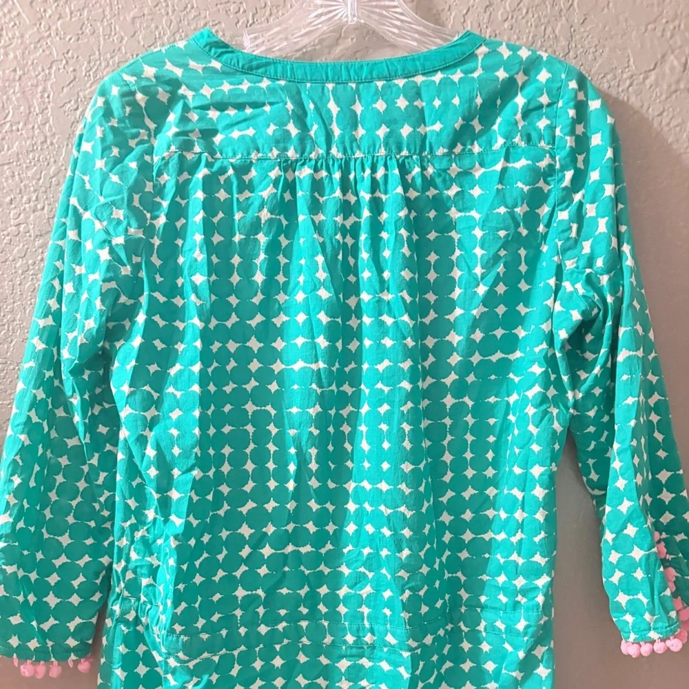 Boden Kelly Green & White Printed Tie-Waist 3/4 Sleeve Dress with Pink Pom Trim - Picture 7 of 13